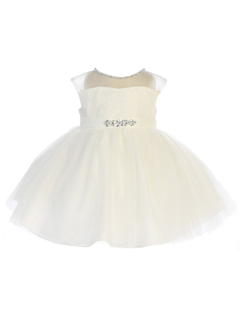 Baby Girls White Illusion Neck Beaded Lace Belted Flower Girl Dress 6-24M